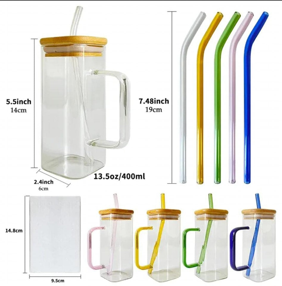 Square Glass Mug with Bamboo Lid & straw