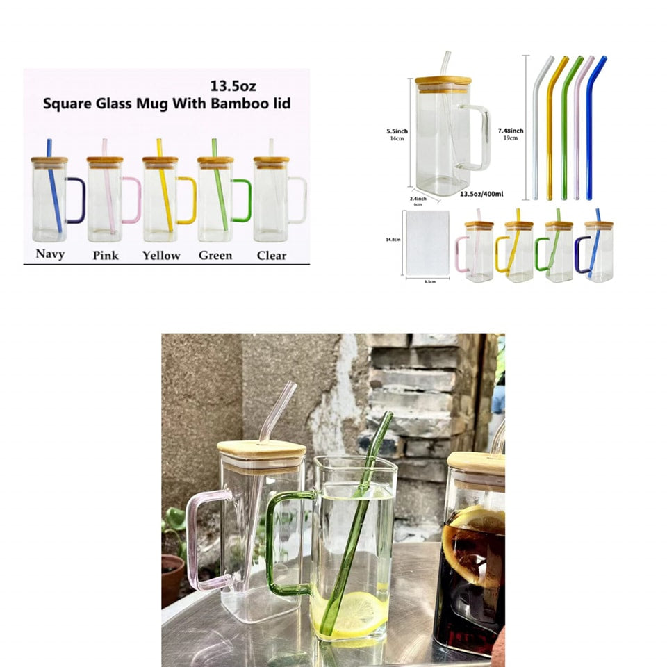 Square Glass Mug with Bamboo Lid & straw