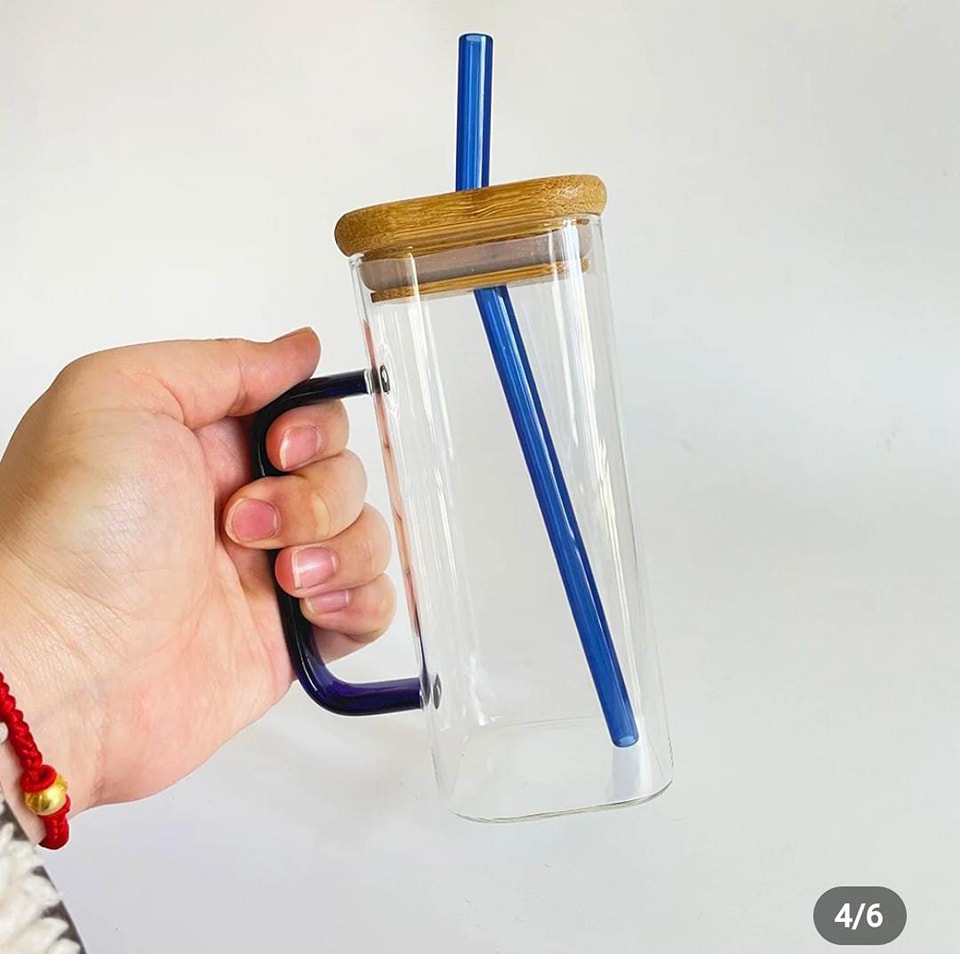 Square Glass Mug with Bamboo Lid & straw