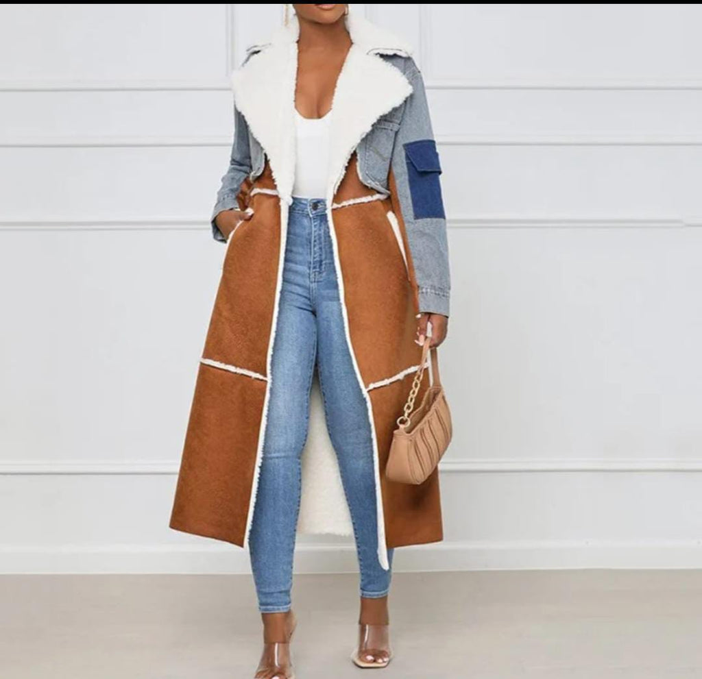 Jenny long coat with denim patch