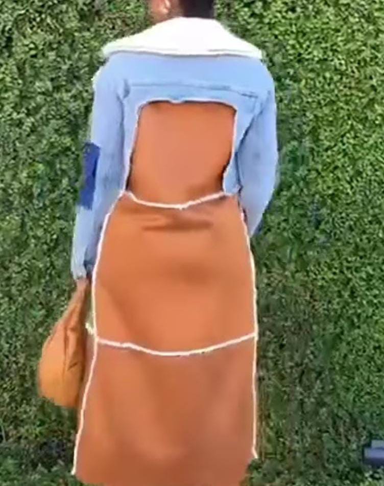 Jenny long coat with denim patch