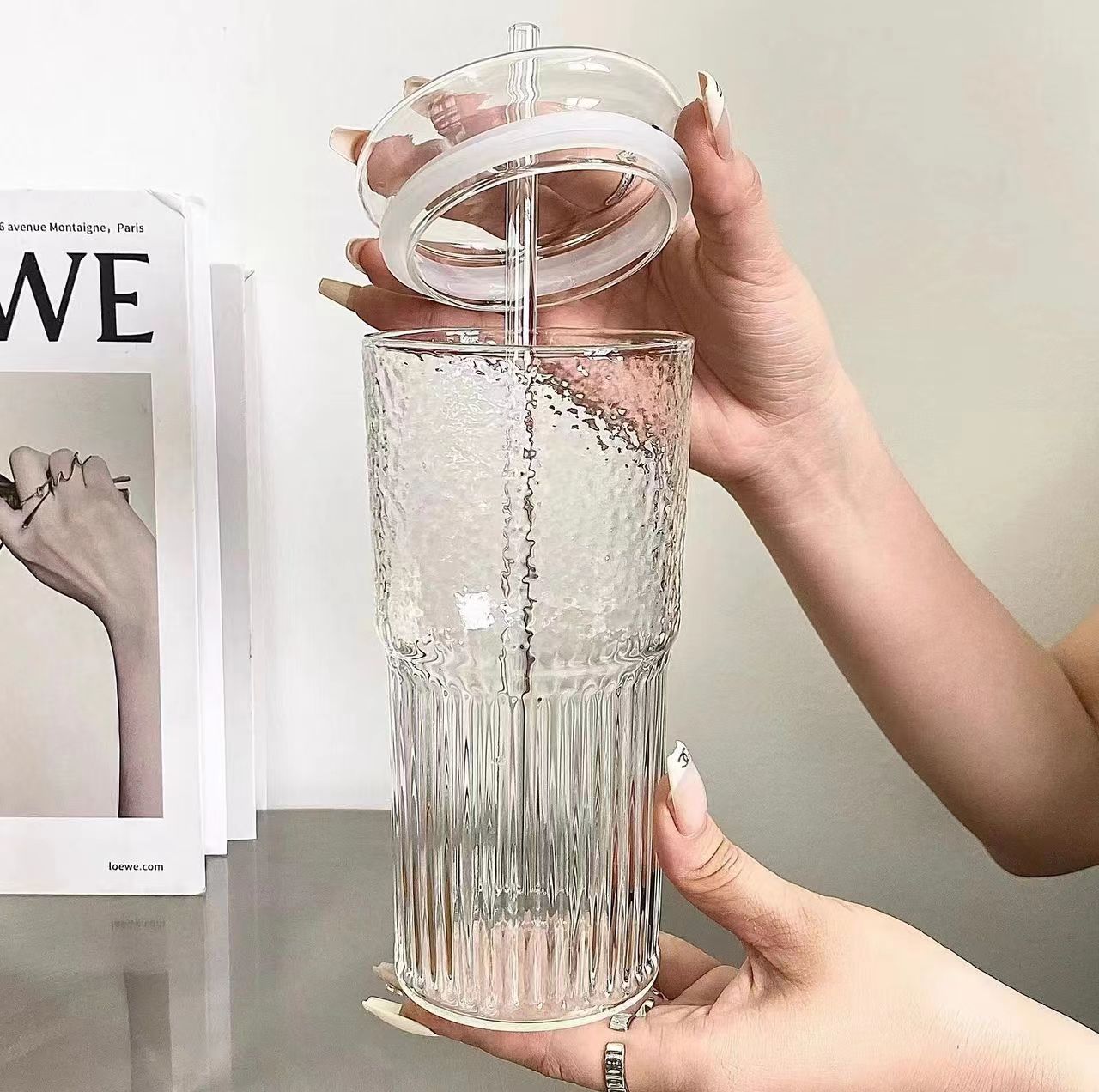 Ribbed Tumbler with Straw